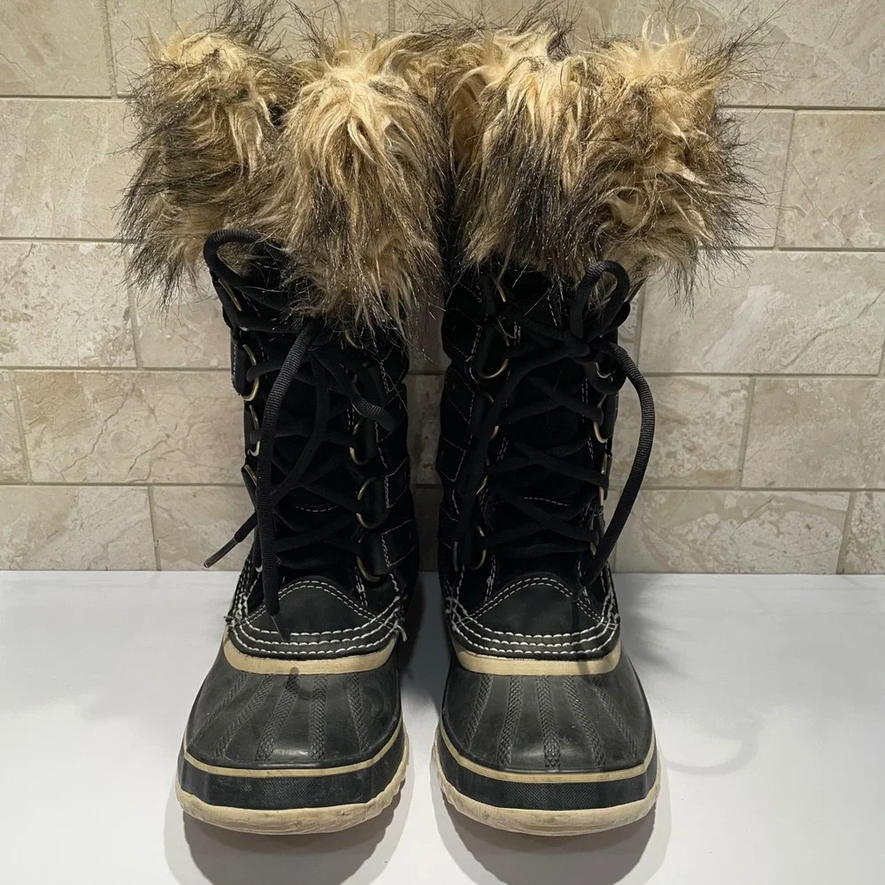 Sorel Joan of Arctic Boots Black Suede Faux Fur Winter Snow NL1540-010 Womens 5‎